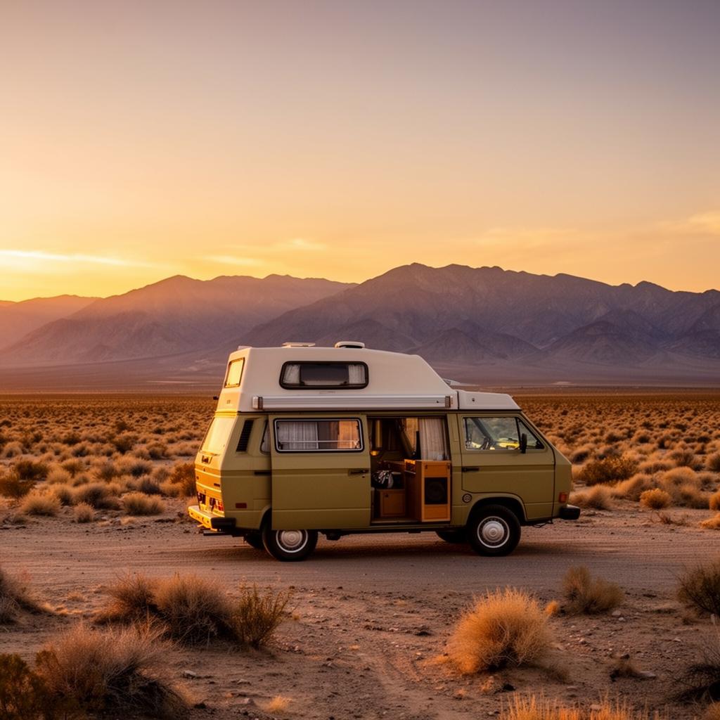 Remote camper van in open desert landscape at sunset