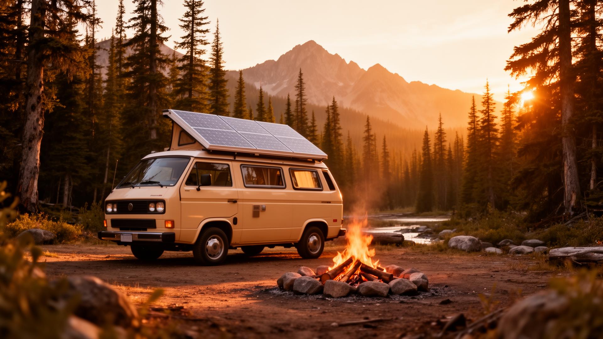 Scenic boondocking campsite at golden hour